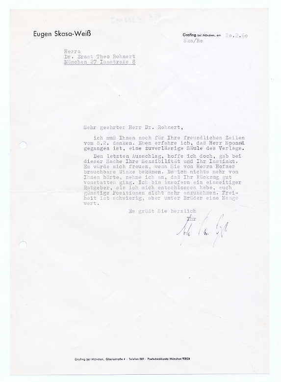 Skasa-Weiß, Maschinenschriftlicher Brief miteigenhändiger Unteschrift.