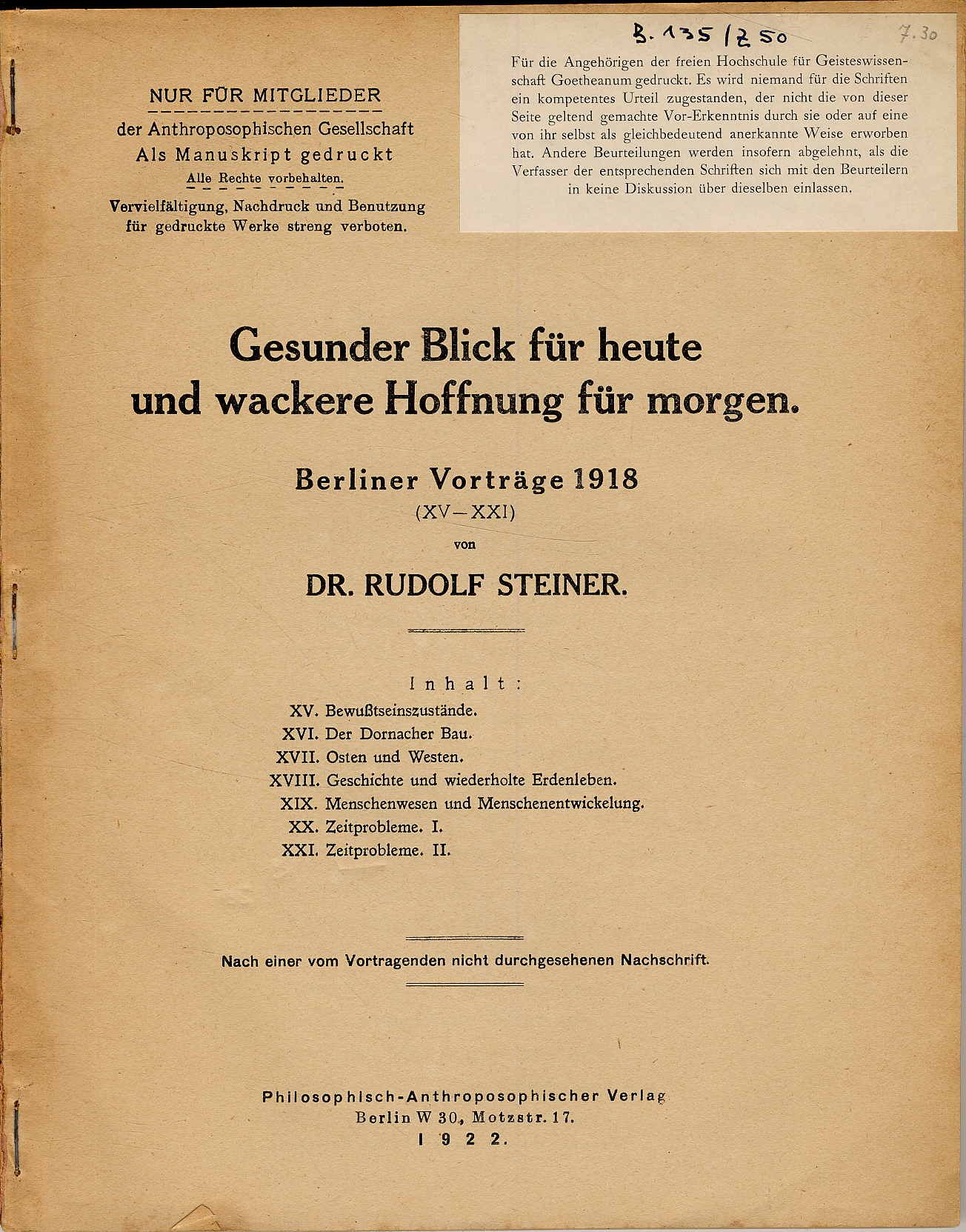 Steiner, Gesunder Blick für heute und wackere Hoffnung für morgen. Berliner Vort