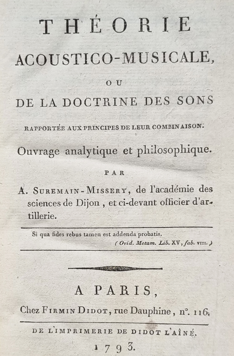 Suremain-Missery, Théorie acoustico-musicale, ou de la doctrine des sons rapport